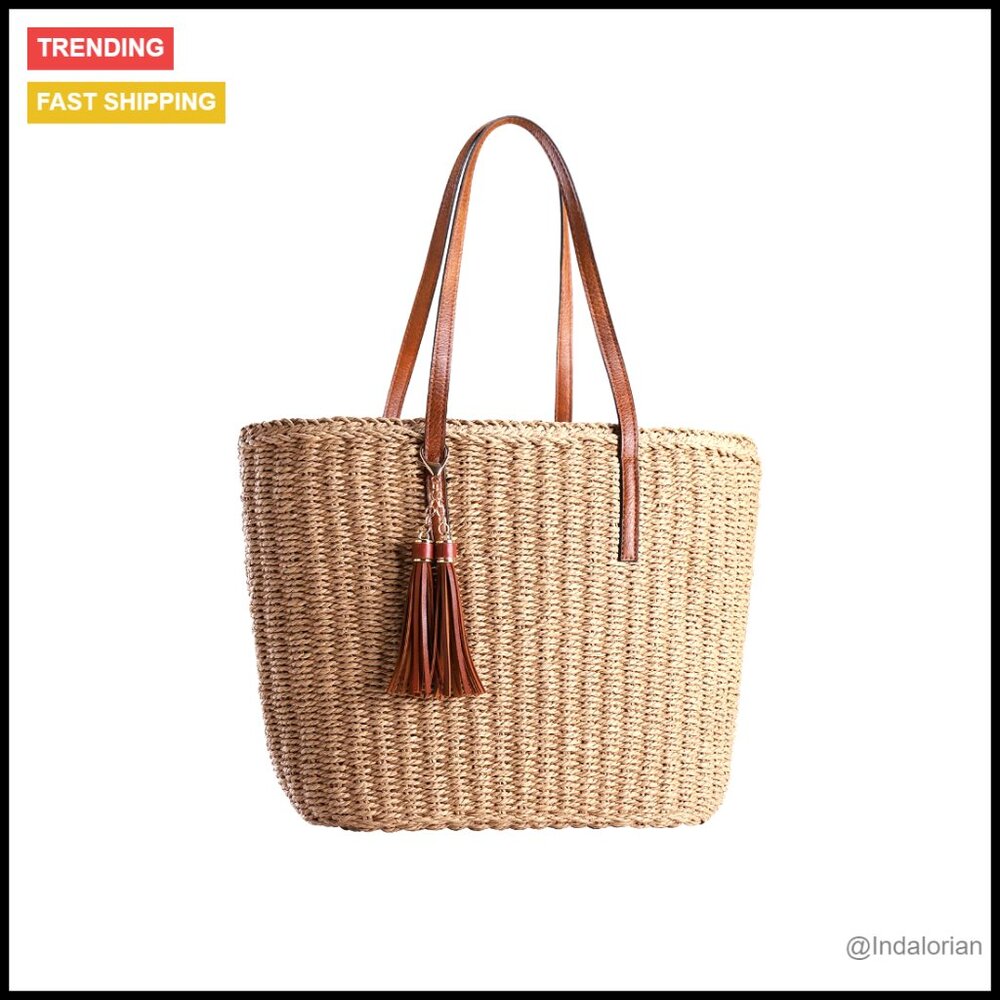 Woven Straw Tote Bag Natural Paper Rope Summer Travel Chic Shoulder Handbag